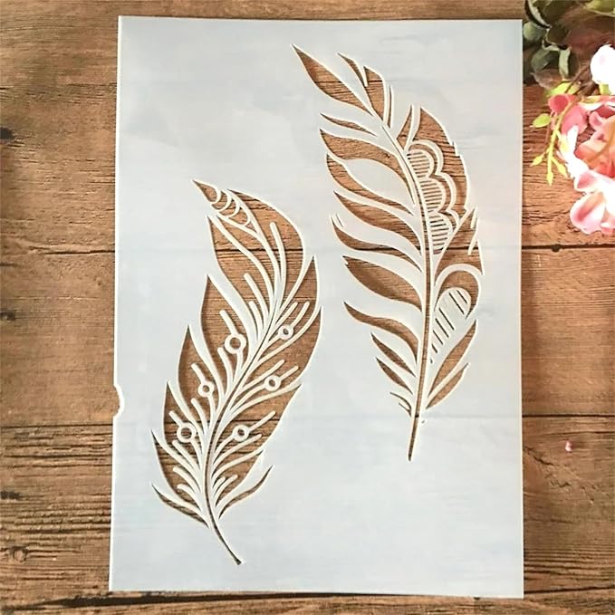 TIAMECH A4 Reusable Two Feathers Stencil for Painting - Bird Feather Layering Template, DIY Wall Art, Wood Furniture, Scrapbook & Crafts (8.3x11.7inch)