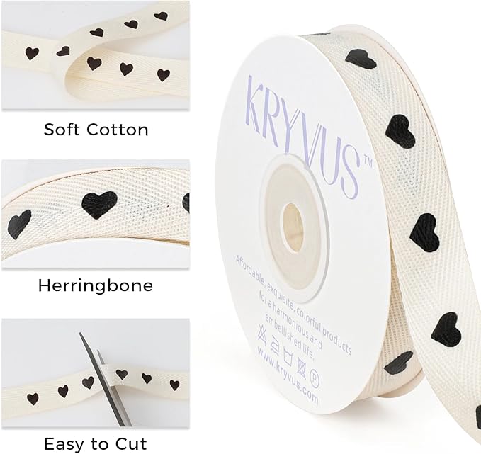 Black Hearts Ribbon - 5/8 Inch x 12 Yards Natural Twill Tape Ribbon, Cotton Herringbone Ribbons for Gift Wrapping, Birthdays, Weddings, Christmas, Anniversaries, Valentine's Day, Mother's Day