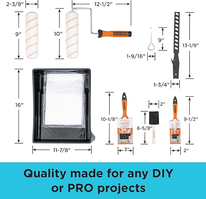 BLACK+DECKER 10-Piece Paint Tray Set, Complete Kit with Rollers, Brushes, Drop Cloth and More, Professional-Quality Tools for Effortless Painting, Ideal for Home, Office or Art Projects, 32363