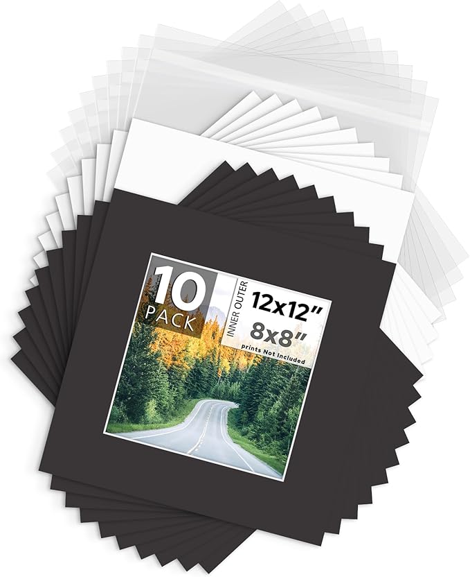 Mat Board Center, Pack of 10, 12x12 for 8x8 Black Mat Kit - Acid Free, 4-ply Thickness, White Core - Includes Backing Boards and Clear Bags - for Pictures, Photos, Framing
