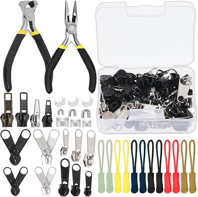 Keadic 144Pcs Zipper Repair Kit With 3/5/8 Sizes, Extension Pull, Top/Bottom Stops, Replacement Zippers, Pliers for Metal, Plastic, Nylon Coil Repair
