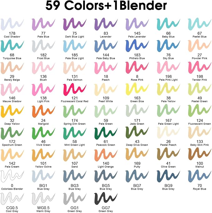 XSG Alcohol Markers,60 Colors Dual Tip Brush & Chisel Tip Art Marker Set,for Blending & Shading,Ideal for Coloring Books & Professional Artwork,Includes Blender Pen & Portable Case,Ideal for All Ages