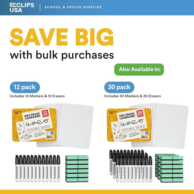 Dry Erase Board, Dry Erase Lap Boards (with 12 Markers & 12 Erasers), Small White Boards Dry Erase, White Board Mini, 9” x 12” Double Sided (12 Pack)