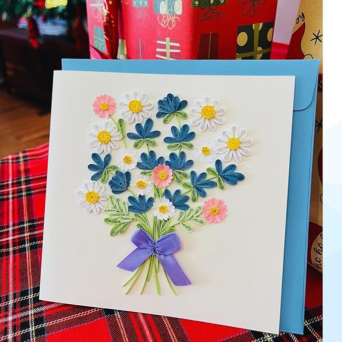 Quilling Cards, handmade card, quilled cards with Dedicated Paper Handmade Art for all occasions: Mother's day, Father's day, Birthday... daisy bouquet (Daisy bouquet)