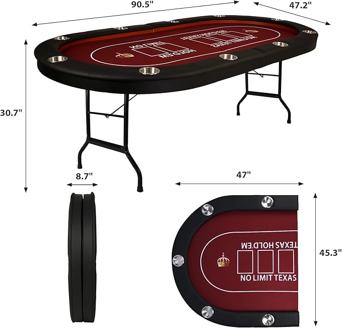 Upgrade 91'' Foldable Poker Table for 10 Players - Large Casino Table with Stainless Steel Cup Holders & Padded Rails - Texas Holdem Board Game Table - Perfect for Texas Casino Leisure Game