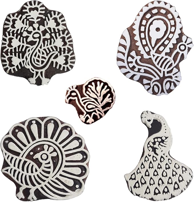 Royal Kraft Peacock Wooden Printing Stamps (Set of 5) - DIY Henna Fabric Textile Paper Clay Pottery Blocks Htag2215