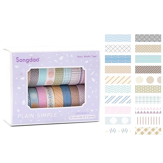 20 Rolls Basic Washi Tape Set Japanese Arts Adhesive Tapes Simple Patterns Decorative Masking Tape Sets for Craft, Kids, Scrapbook, DIY, Gift Wrapping (Style Two)
