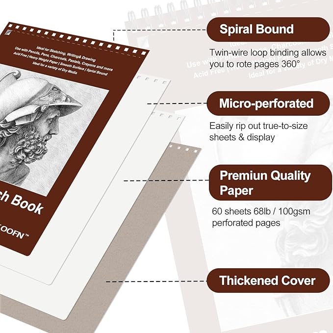 TKOOFN 8.5" x 11" Sketch Book, Pack of 5, 300 Sheet Top Spiral Bound Premium Sketchbook Drawing Pads(68lb/100gsm), Acid-Free Painting Paper for Adults Kids Artists Beginners