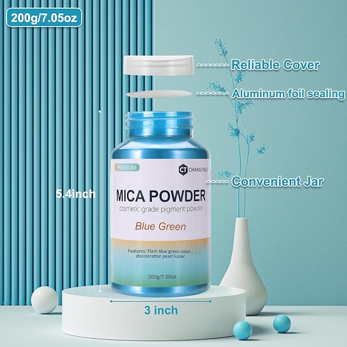 Mica Powder,7.05OZ（200g）,Blue Green Mica Powder Pigment for Epoxy Resin，Lip Gloss，Car Paint，Dye，Soap Making，Nail Polish,Epoxy Resin,Candle Making,Bath Bombs