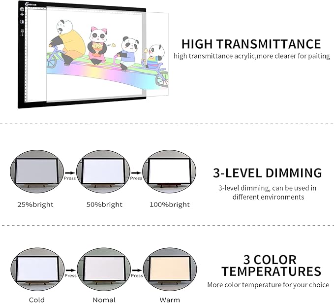 Light Box Drawing Pad A3, Dimmable 3 Brightness and Colour Temperature with Type-C Charge Cable and Brightness Adjustable for Artists, AnimationDrawing, Sketching, Animation, X-ray Viewing (A3-STK)