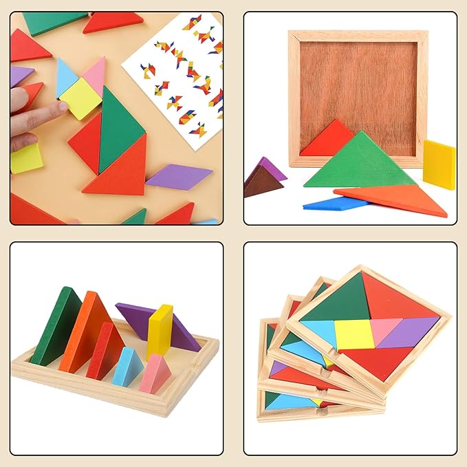 3 otters Wooden Tangram Puzzles for Kids, Educational Shape Puzzle Toys, STEM Montessori Brain Logic Blocks, 4 Pack