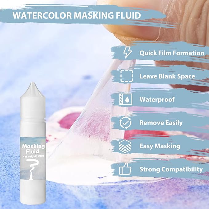 White Masking Fluid for Watercolor Painting 30ml, Resistant Ink and Pouring Paint, Watercolor Masking Fluid Keeps Areas Colorless and Edges Sharp