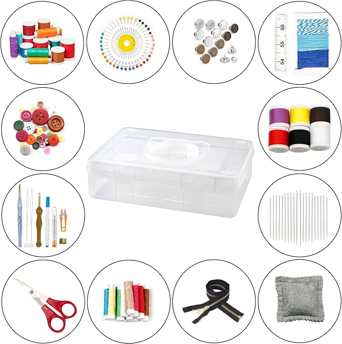 Mowhut Sewing Box for Sewing Supplies,Embroidery Floss Organizer,Plastic Tool Box with Handle,Stackable Thread Ribbon Storage,2 Layers Sewing Kit,Clear