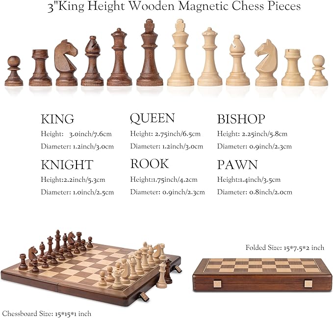 A&A 15" Magnetic Wooden Chess Set, Handmade 3" King Height Knight Staunton Chess Pieces with 2 Extra Queen, Folding Portable Travel Game Set