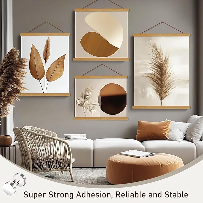 Artmag Magnetic Poster Hanger Frame, 36x24 36x48 36x12 Light Wood Wooden Magnet Canvas Artwork Print Poster Hangers Frames Hanging Kit (Teak Wood, 36")