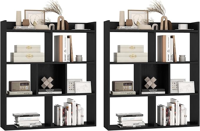 Giantex 7 Cubes Bookshelf, Free-Standing Wooden Bookcase, 4 Tier Home Display Shelf, Horizontal Storage Unit w/Anti-Toppling Devices, Open-Back Display Rack for Study, Living Room (2, Black)