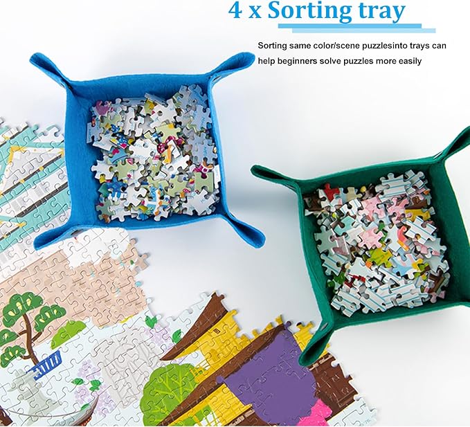 Celawork 1000 Pieces Puzzle mat roll up with Puzzle Sorting Trays,Jigsaw Puzzle Accessories for Puzzles Storage and Saver, Jigsaw Puzzle mat for Adult
