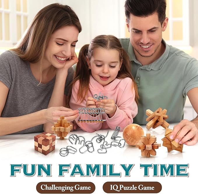 Brain Teaser Wooden Metal Puzzles - Stocking Stuffers Brain Teaser Disentanglement Iron Link Unlock Interlock Game Chinese Ring Magic Trick Toy for Party Favors Kids Adults Challenge 32pack