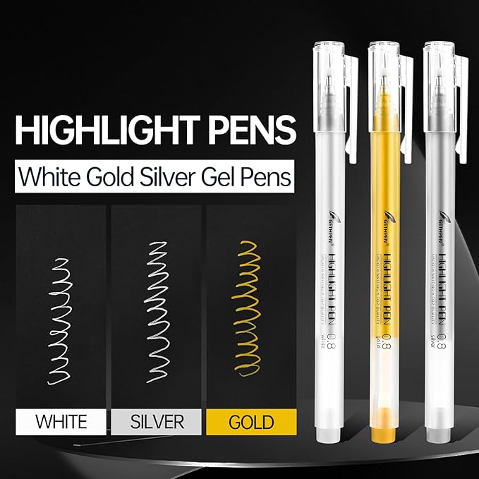 0.8mm Extra Fine Point 3 Colors Gel Pen Set White,Gold and Silver Gel Ink Pens for Artists Drawing on Black Paper, Sketching, Bullet Journaling & Holiday Crafts