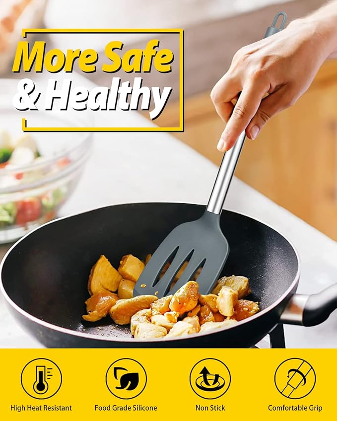 Pack of 4 Silicone Cooking Utensils Set, Non Stick Large Solid Spatulas, Heat Resistant Gray Slotted Spoons, Ideal BPA Free Kitchen Turners for Frying, Mixing,Serving,Draining,Turning,Stirring