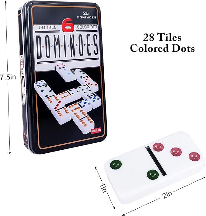 Double Six Dominoes Set with Tin Box - 28 Color Double 6 Domino Tiles for Kids & Adults, Classic Family Board Games for 2-4 Players, Travel, Party