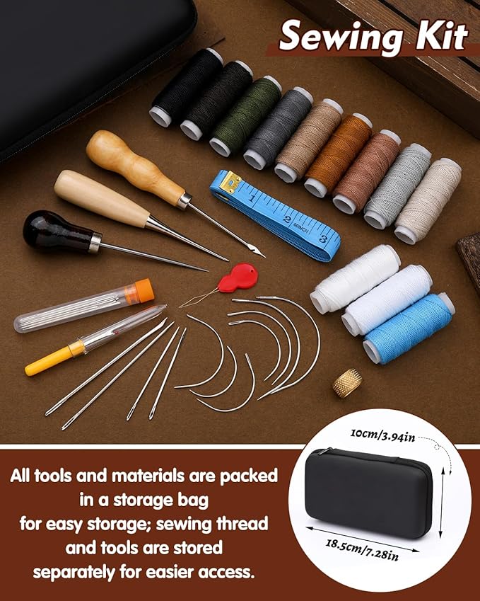 BAGERLA Heavy Duty Sewing Kit, 48pcs Needle and Thread Kit with Upholstery Thread Needles Sewing Awl Seam Ripper, Upholstery Repair Sewing Kit for Car Seats Carpets Shoes Backpacks DIY Crafting