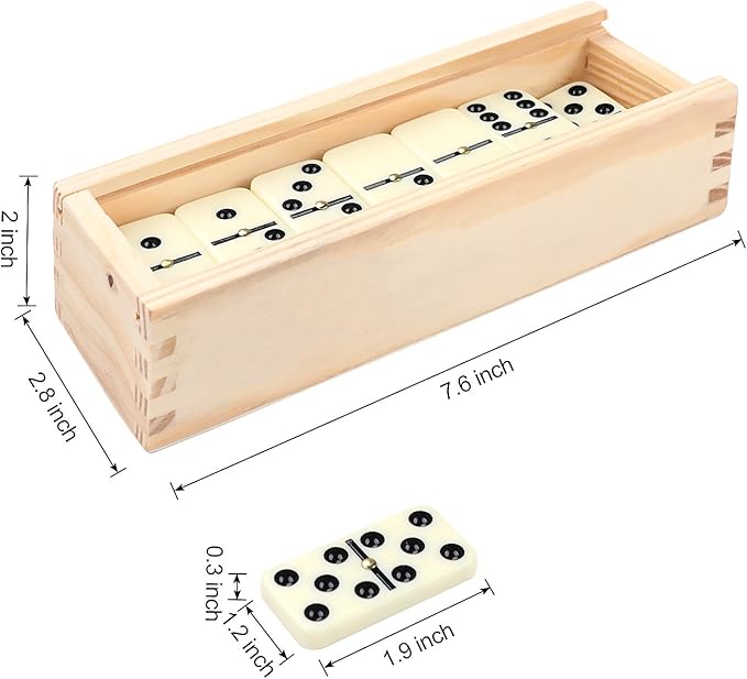 Dominos Set for Adults, Double 6 Domino Game, Double Six Standard Domino with Natural Wooden Box, 28 Tiles,Tradditional Board Game for Adults and Elderly.