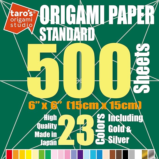 [Taro's Origami Studio] Standard 6 Inch One Sided 23 Colors 500 Sheets Square Easy Fold Premium Japanese Paper for Beginner (Gold and Silver Included)