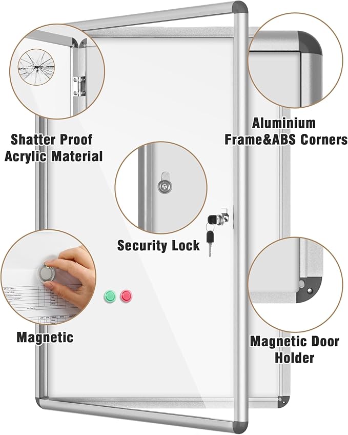 36"x24" Enclosed Bulletin Board, Lockable Weather-Resistant Aluminum Noticeboard for School & Office, Silver Frame w/Magentic Whiteboard