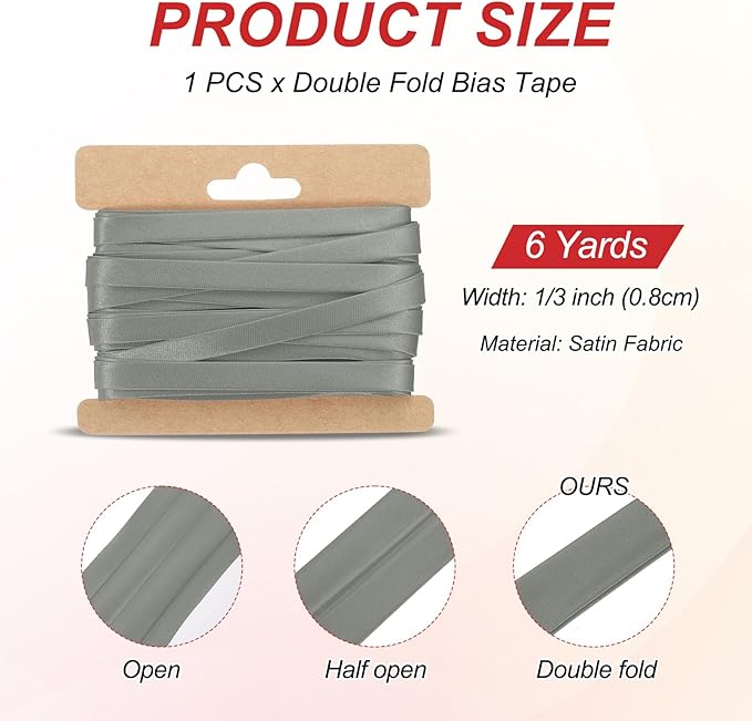 MECCANIXITY Double Fold Bias Tape for Sewing 1/3 Inch x 6 Yards Satin Pre-fold Continuous Binding Tape for Seaming Quilting Hemming Binding DIY Crafts, Gray