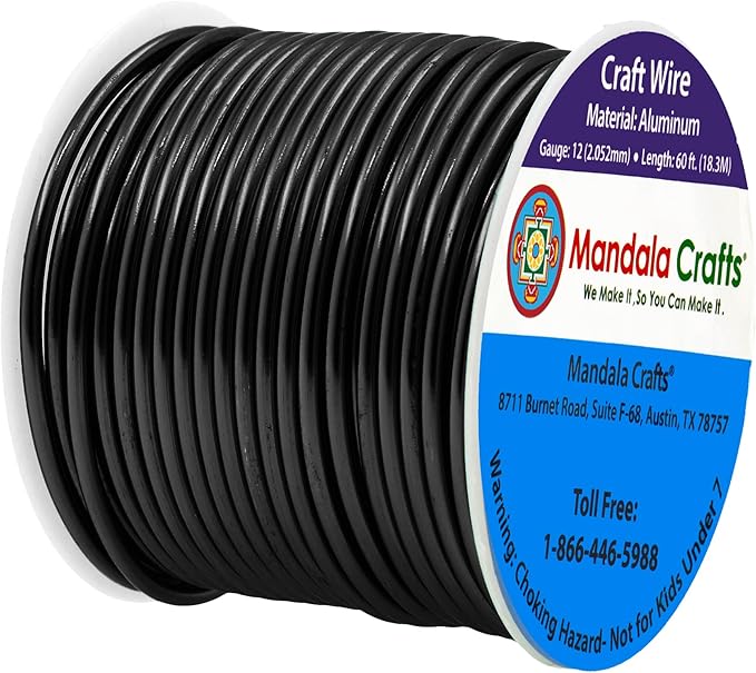 Mandala Crafts 12 Gauge Anodized Aluminum Craft Wire for Jewelry Making - 60 FT Colored Flexible Black Wire - Bendable for Bonsai Armature Crafting Sculpting