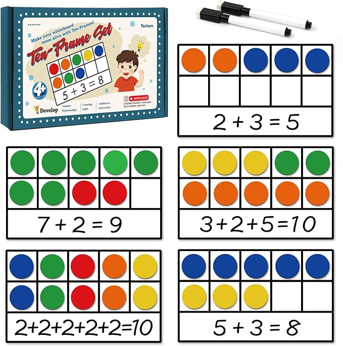 Torlam Magnetic Ten-Frame Set - Math Manipulative for Elementary - 5 Ten Frames & 55 Magnetic Counters for Kids, Kindergarten Math Games (Upgraded Version for Hand-held & 2 Black Pens)