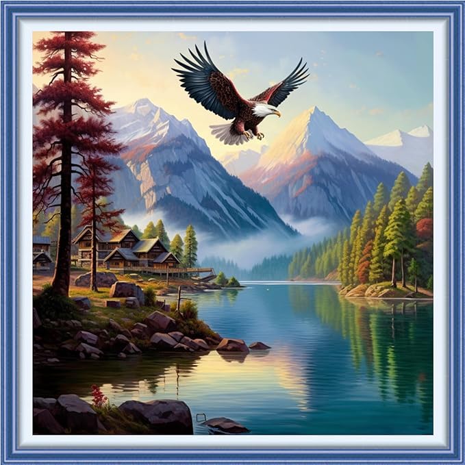 DMCVIVR Stamped Cross Stitch Kits for Adults Beginners Embroidery Kits 11CT Needlepoint Kits Cross Stitch Patterns Embroidery Patterns&Eagles Enjoy The Scenery 18x18 inch