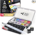 ARTEZA Metallic Watercolor Paint Set – 12 Iridescent Half Pans, Compact Travel Palette with Brush for Painting, Journaling & Mixed Media