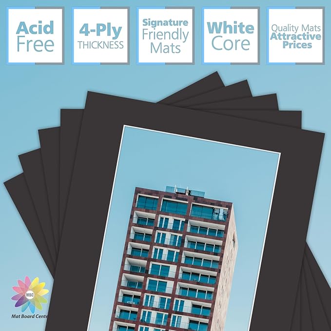 MBC Mat Board Center, 5 Pack 16x20 for 11x17 Black Picture Mats Frame Mattes, Bevel Cut, Acid Free, 4-ply Thickness