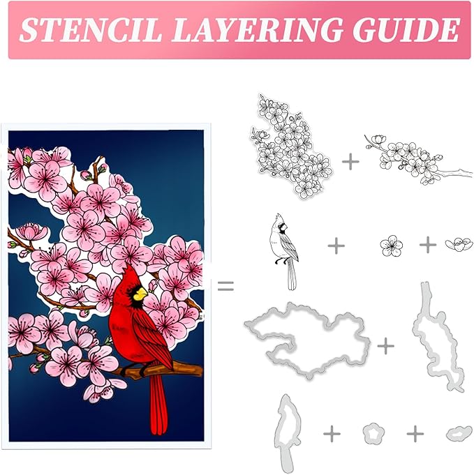 ORIGACH Realistic Winter Plum Blossom Stamps and Dies and Layering Coloring Stencil Set, Silicone Stamps Metal Die Cut and Flower Stencil Template for Card Making Scrapbooking DIY Crafting