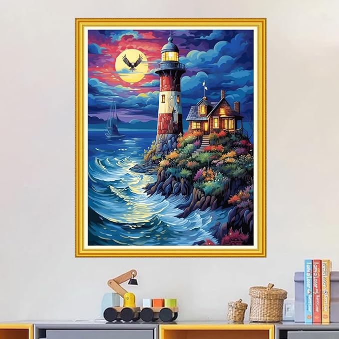Magxvouy Cross Stitch Kits Stamped Full Range of Embroidery Kits,Cross Stitch Patterns Needlework Kits for Beginners 11CT Printed Kits&Seaside Lighthouse 16x20 inch