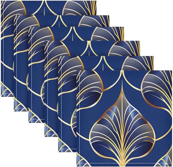 ALAZA Art Deco Floral Royal Blue & Gold Cloth Napkins Set of 6, 20x20 Inch Washable and Reusable Napkin for Decoupage Dinner Party Everyday Use