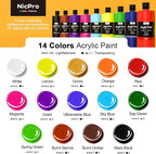 Nicpro 14 Colors Large Bulk Acrylic Paint Set (33.8 oz, 1000 ml) Non Toxic Art Painting Supplies for Kids Students Adults Artists, Rich Pigment for Multi Surface Canvas Fabric Craft Wood Leather Stone