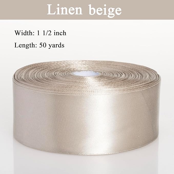 1 1/2 Inch Linen Beige Solid Satin Ribbon, 50 Yards Craft Fabric Ribbon for Gift Wrapping Floral Bouquets Wedding Party Decoration