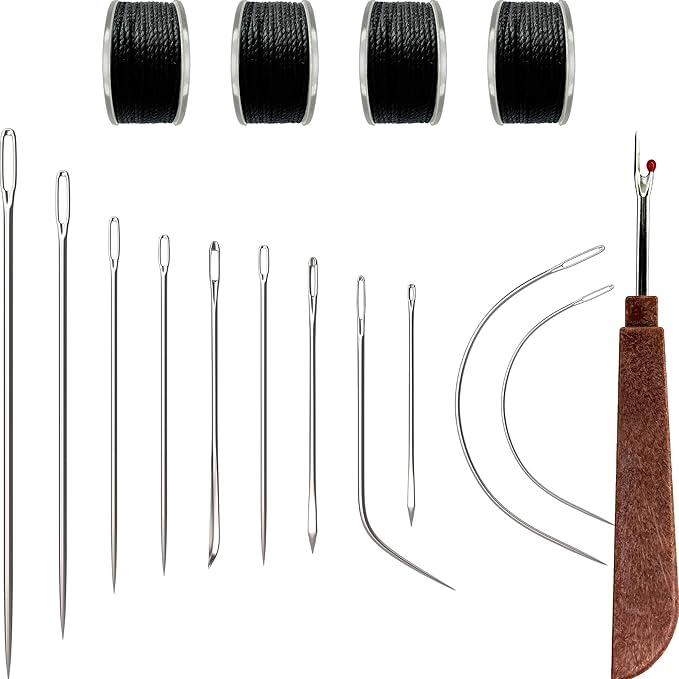 VONEEDL Heavy Duty Sewing Needles (11 PCS) & Waxed Thread (Black Color - 4 Rolls) - Upholstery Repair Kit for Leather, Canvas, Quilting & More