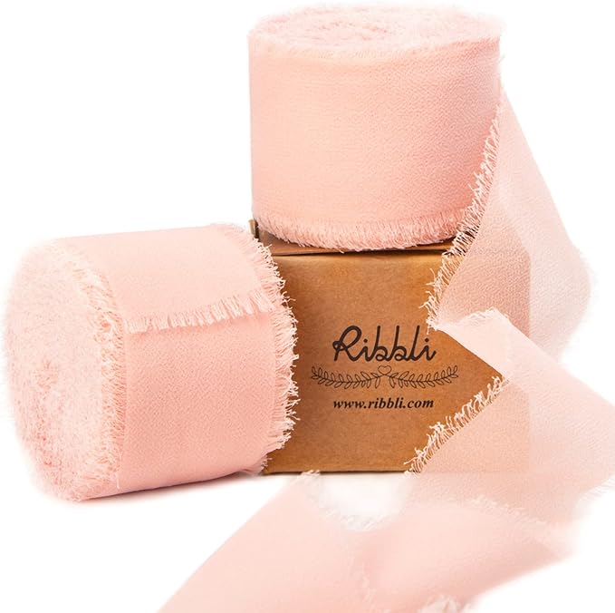Ribbli Blush Pink Chiffon Ribbon 1-1/2 inch x 20 Yard Handmade Fringe Chiffon Silk Ribbon for Wedding Invitations, Bridal Bouquets Wrapping, Flower Arrangement Decoration