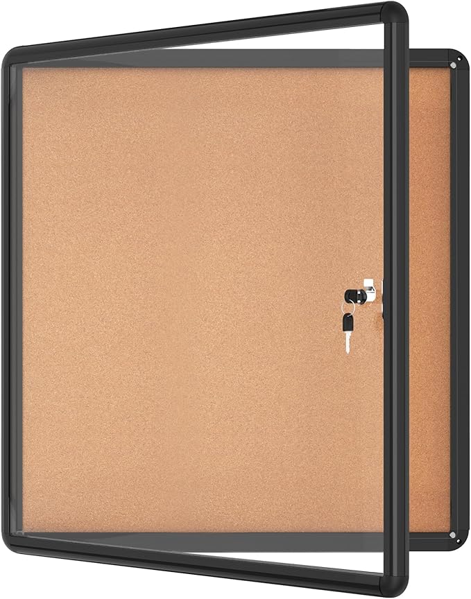 28"x26" Enclosed Bulletin Board, Lockable Weather-Resistant Aluminum Cork Noticeboard for School & Office, Black Frame w/Cork