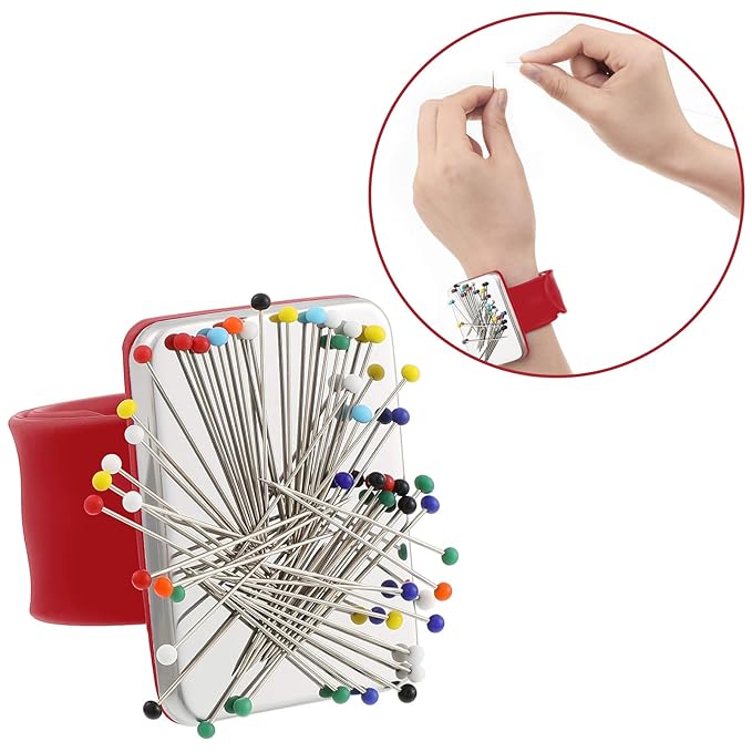 WILLBOND Magnetic Wrist Sewing Pincushion Wrist Magnetic Pin Holder Wristband Pin Cushion Holder with 3 Pcs Stainless Steel Pintail Comb Rat Tail Comb for Hair Clips Hand Sewing(Red)