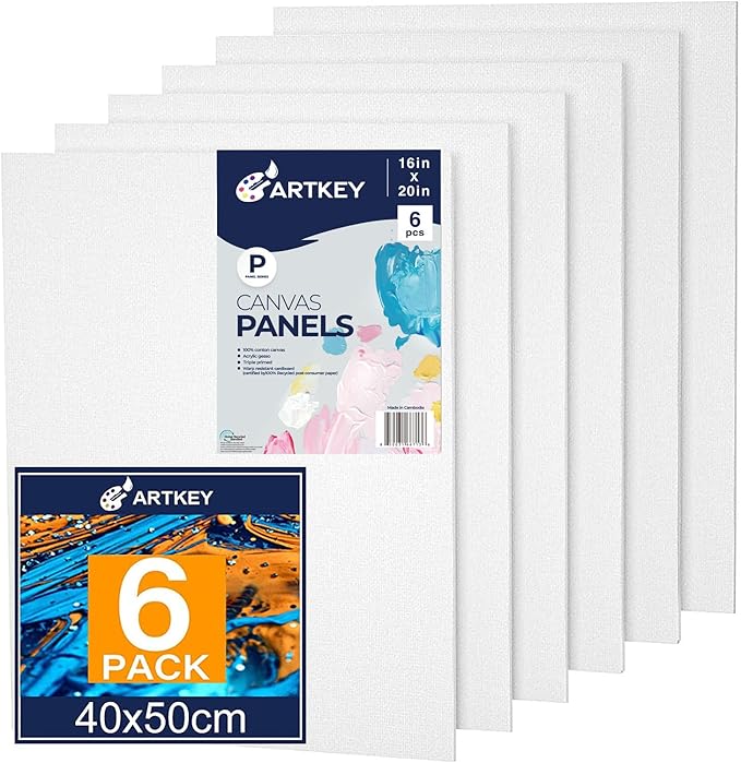 Artkey Canvases for Painting 16x20 Inch 6-Pack, 10 oz Primed 100% Cotton White Blank Flat Canvas Boards, Art Paint Canvas Panels for Acrylic Oil Watercolor Tempera Paints