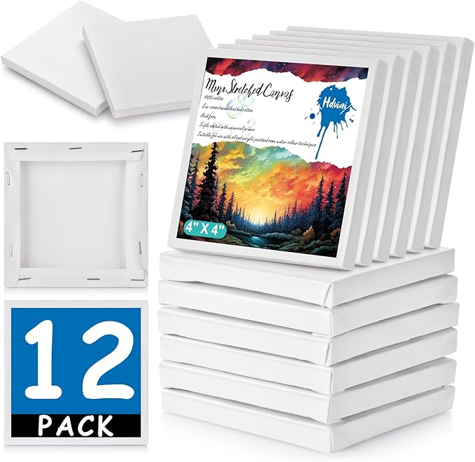 12PCS Mini Canvases for Painting - 4x4In Bulk Profile Small Square Canvases - 100% Cotton Mini Stretch Canvas for Children's Painting Art Supplies, School Home Decorating Projects