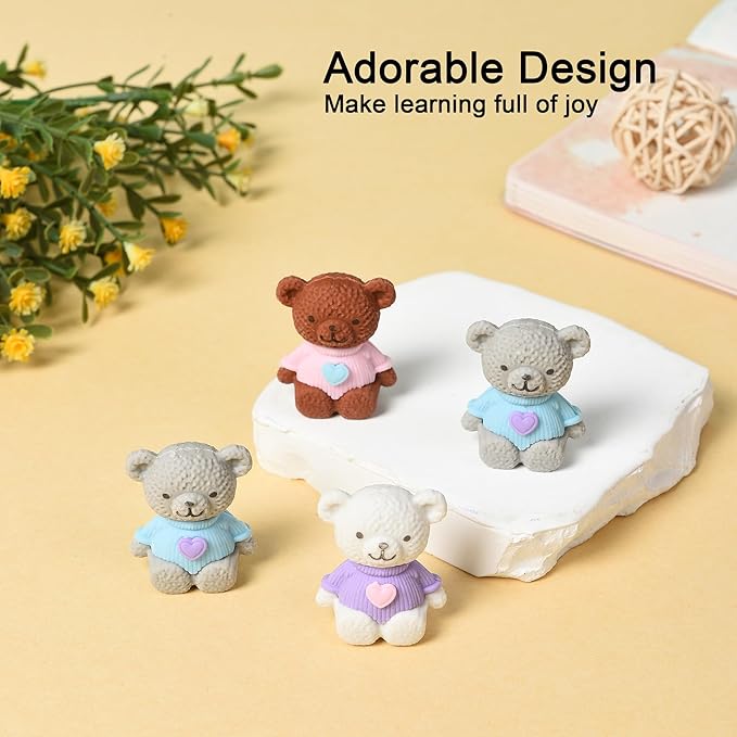HILAZA 18Pcs Pencil Top Erasers for Kids, 3D Cute Bear Pencil Toppers, Bulk Fun Pencil Cap Easters for School Classroom Supplies Prize Gifts Party Favors