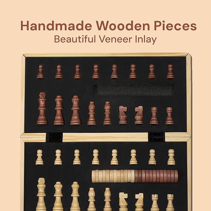 PlayVibe Wooden Chess Set 15'' & Checkers Board Games for All Players with 2 Extra Queens - Handmade Classic Wooden Chess Board, Portable & Folding Playtime Boards, Beginner & Professional Use