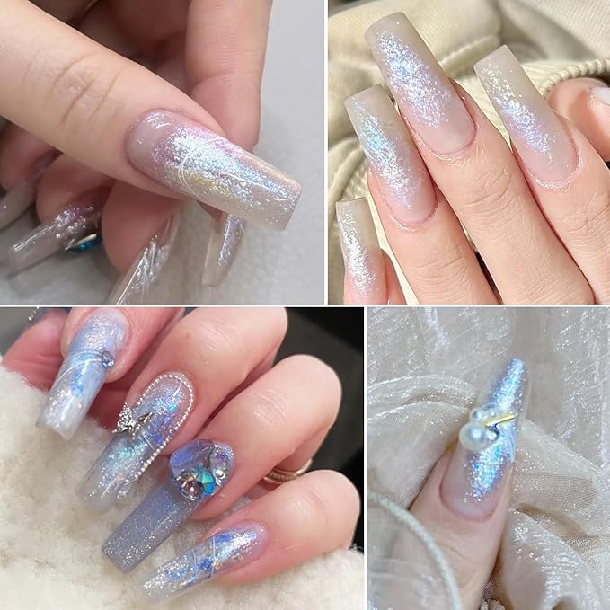 Iridescent Nail Glitter Set, 6 Colors Mud Texture Aurora Chrome Powder, Pink Blue Pearlescent Glitter, Chameleon Nail Flakes Gold Leaf, Holographic Manicure Decor