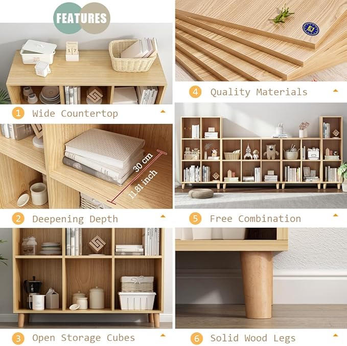 IOTXY Open Cube Low Bookcase - 3-Tier Freestanding Storage Display Cabinet Organizer with Legs for Home Office, 7-Cubes Open Shelf Short Bookshelf, Oak